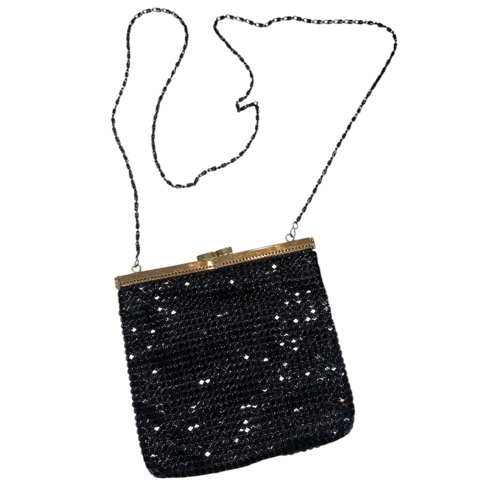 Vintage Black Mesh Mini Bag W Kiss Lock, Gold Toned Hardware. 6.25"X6"